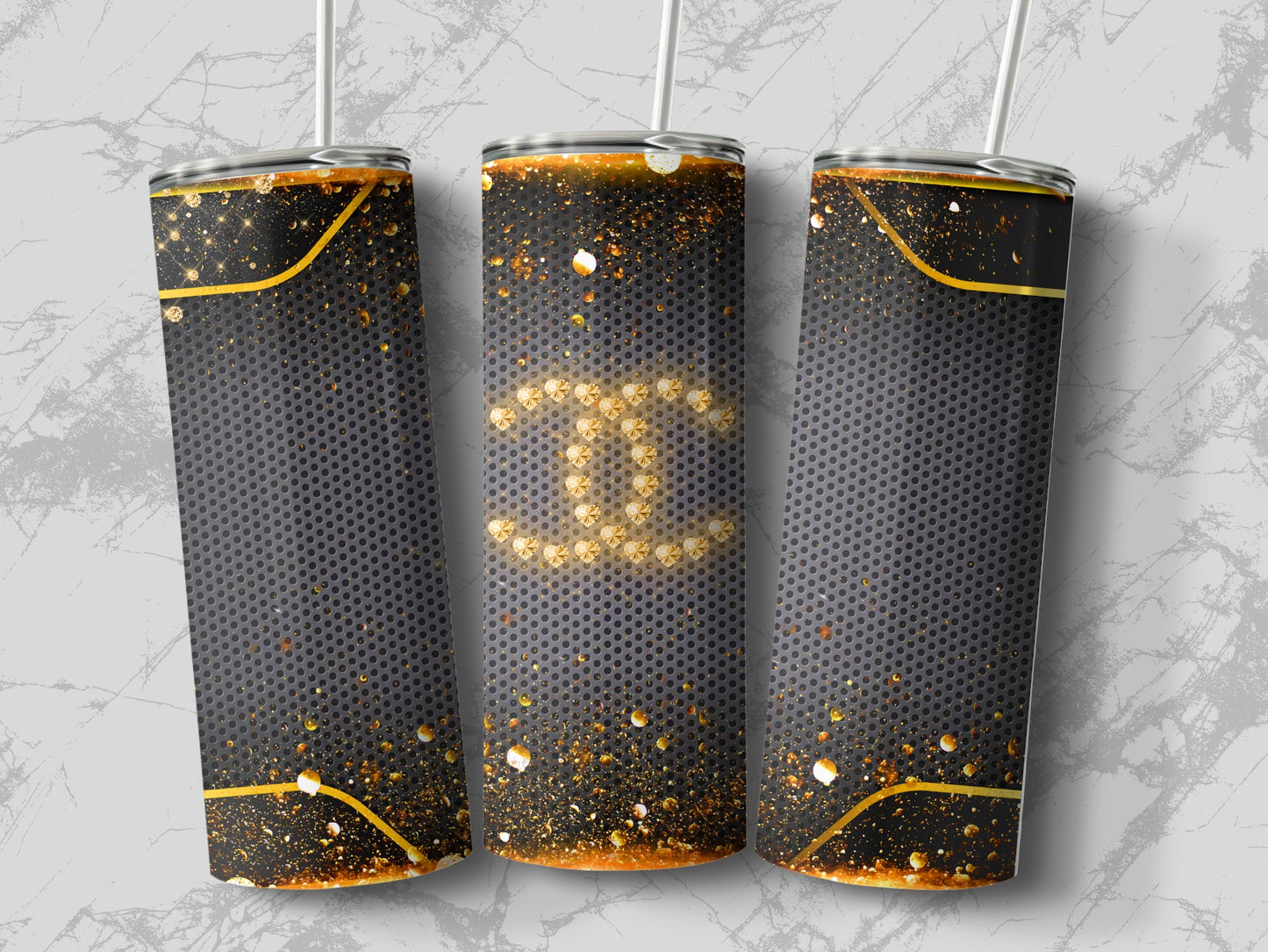 Stylish Black and Gold Travel Tumbler with Straw