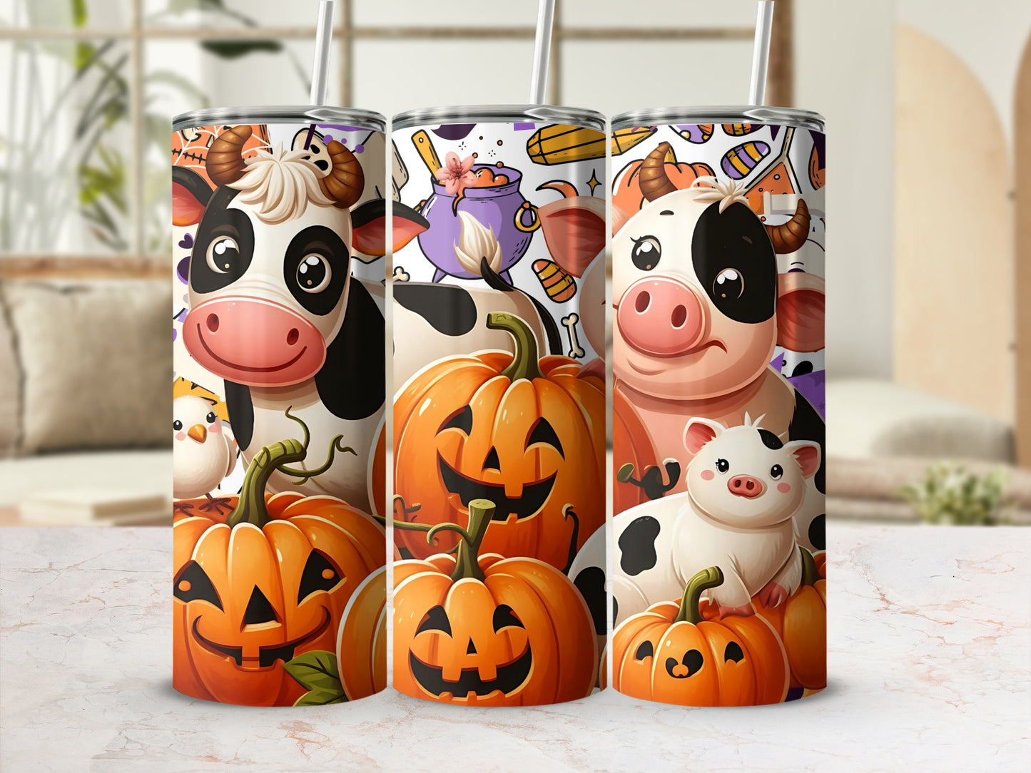 Cute Halloween Cow and Pumpkin Design Tumbler Cup