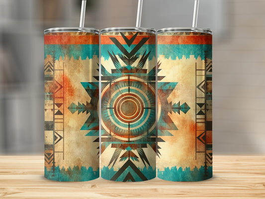 Three tumblers with a geometric Native American inspired pattern.