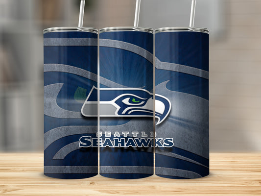 Seattle Seahawks logo and text on three navy blue tumblers with straws.