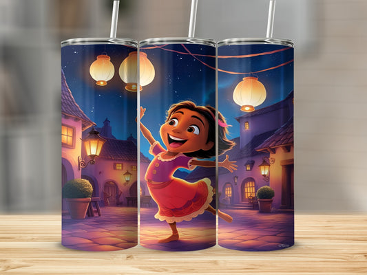 Cartoon girl dancing in a lit village square at night.