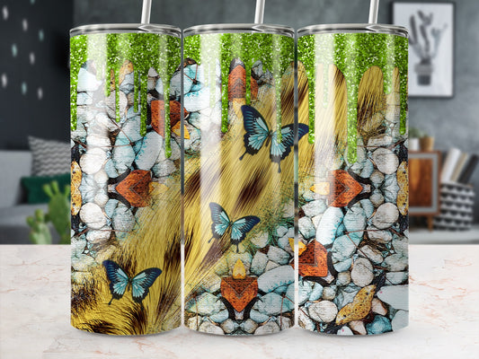 Tumbler with butterflies and animal print design.