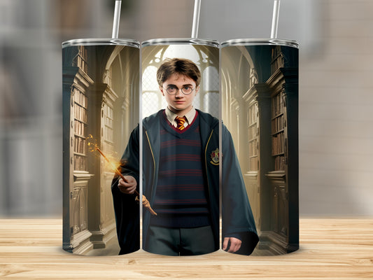 Harry Potter in Hogwarts uniform holding a glowing wand, with bookshelves behind him.