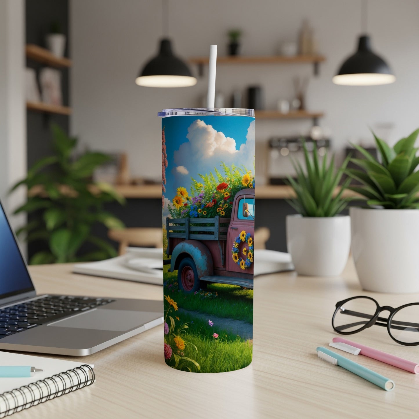 Vintage truck overflowing with sunflowers and daisies on a slim tumbler.