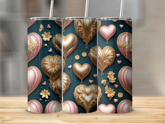Seamless pattern of golden and blush hearts with floral accents on dark teal.