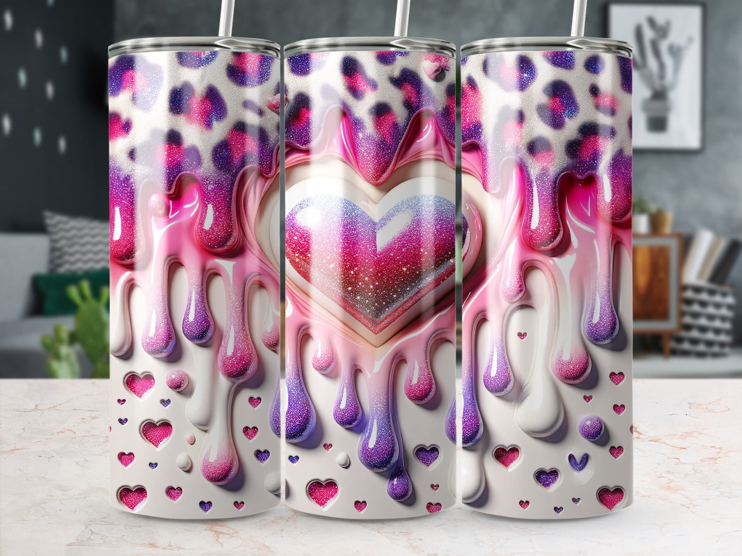 Cute Drips Heart Leopard Valentine's Day! Dripping Love Heart With Pink and Purple Colors Tumblers