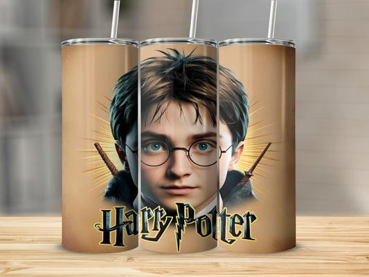 Harry Potter tumbler with lightning scar and wand.