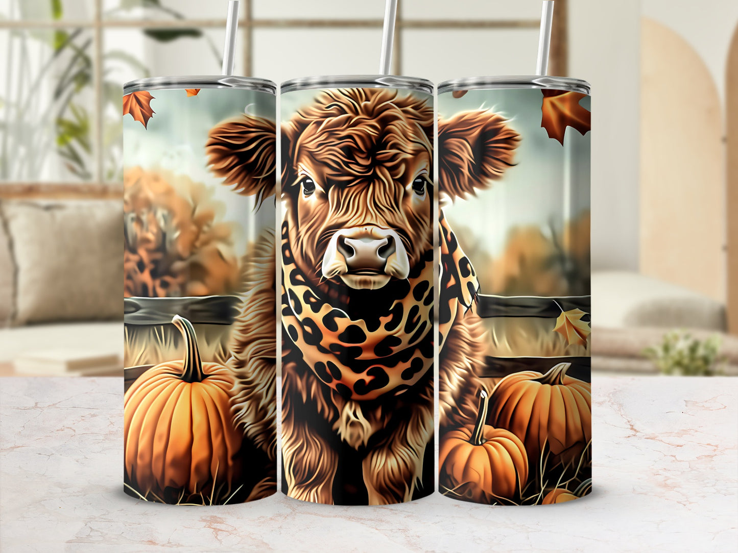 Autumn Cow with Pumpkins Tumbler for Fall Season