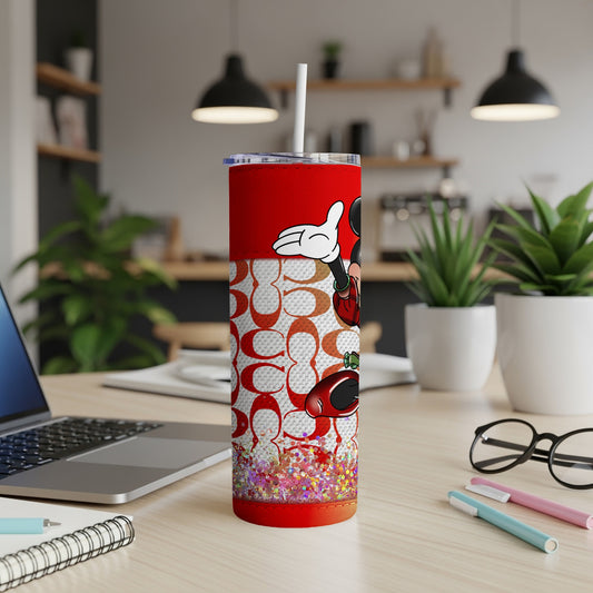 Red tumbler with Mickey Mouse and white repeating pattern.