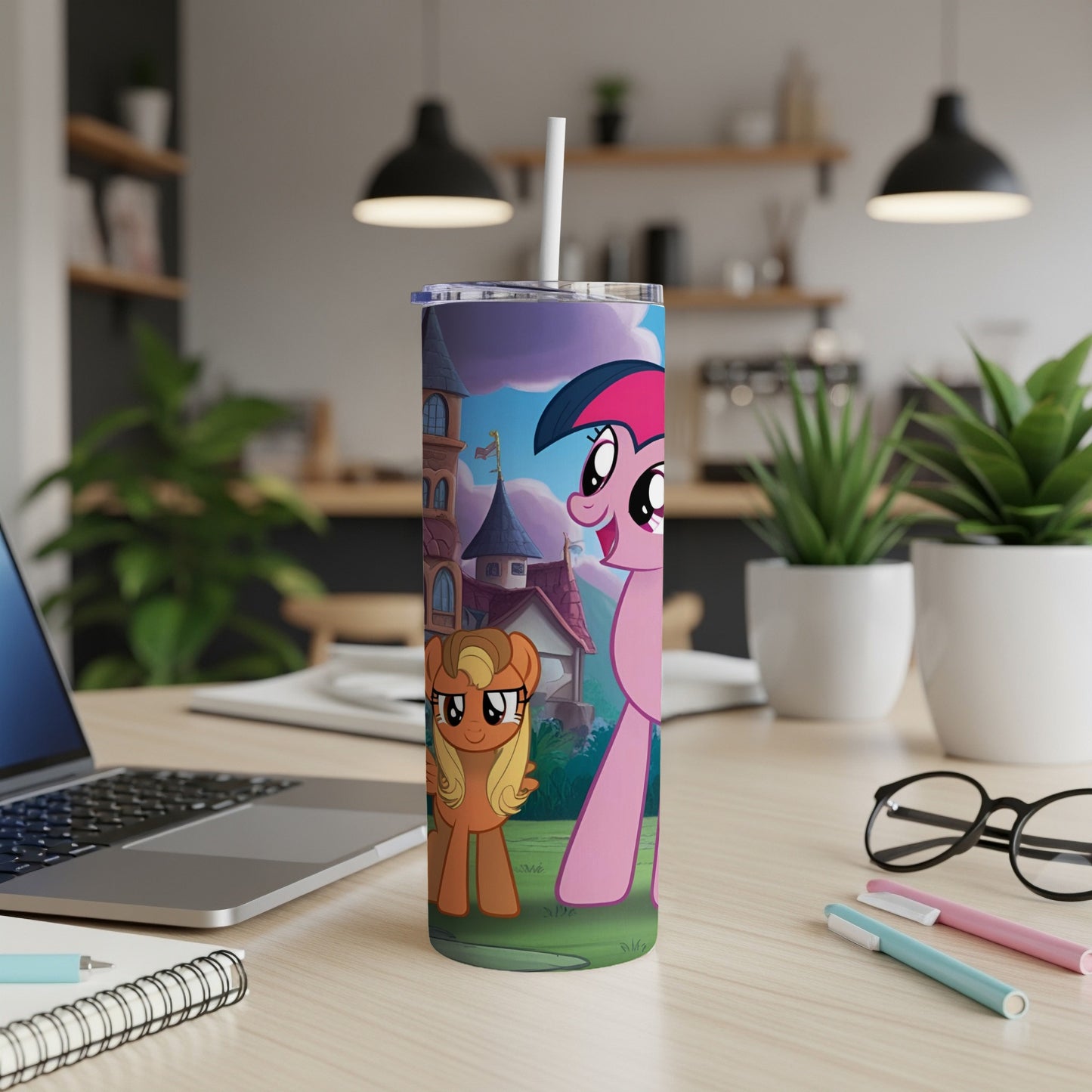 My Little Pony characters Applejack and Twilight Sparkle on a purple tumbler.