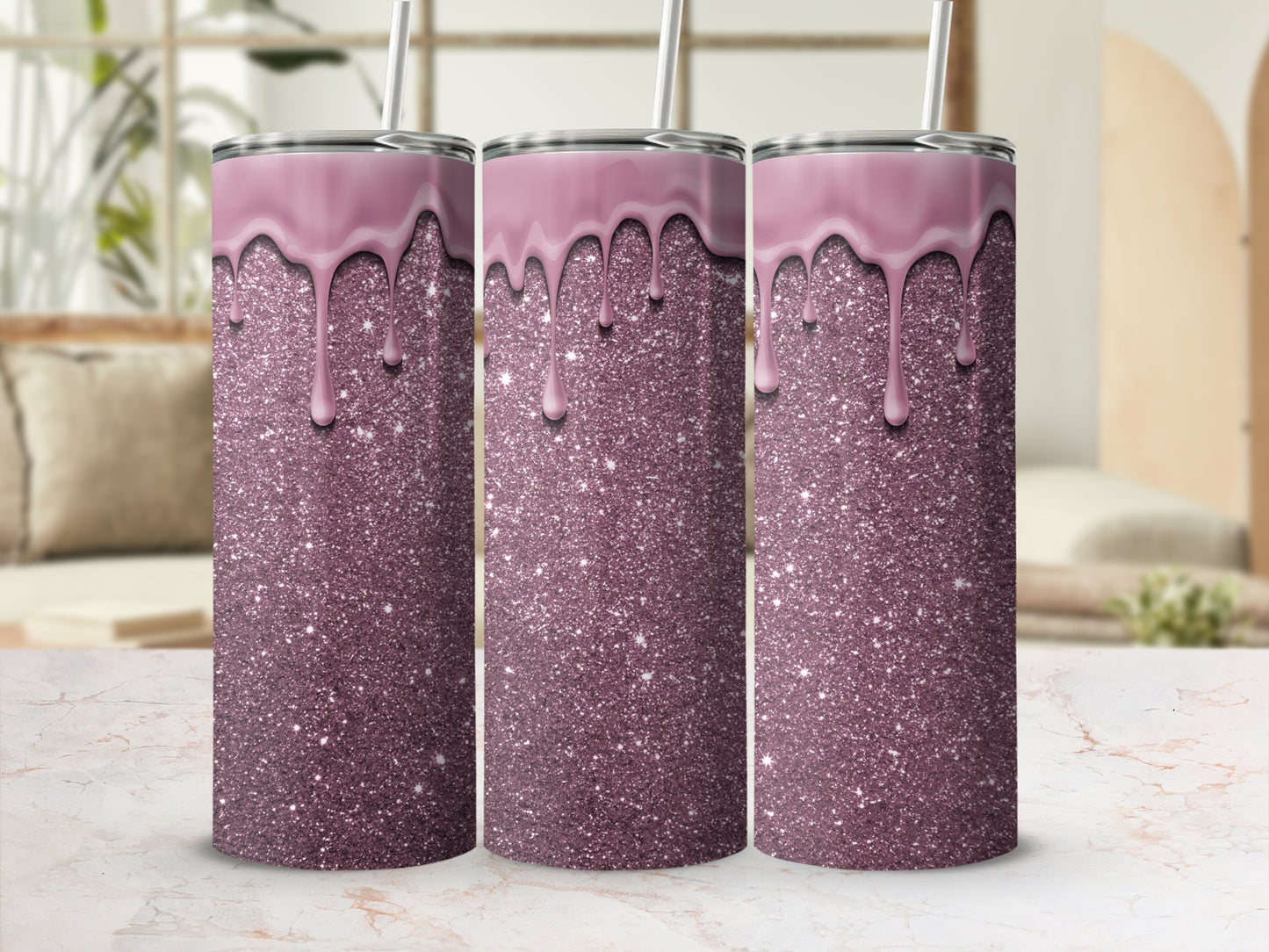 Glittering Purple Drip Tumbler with Stainless Steel Straw