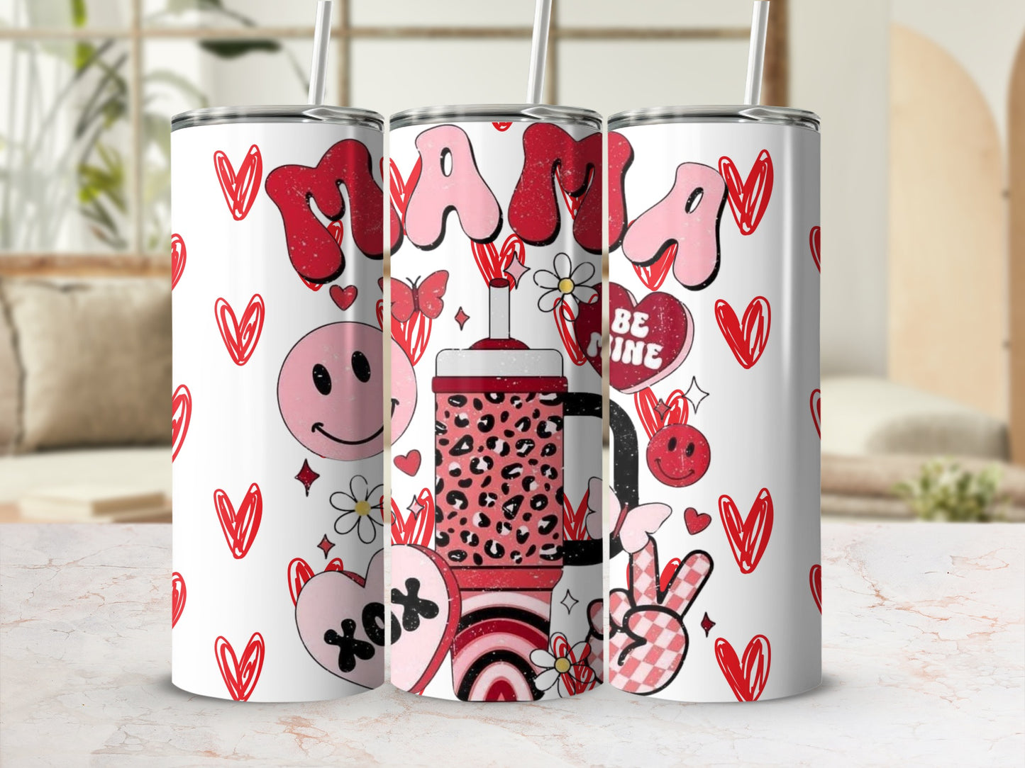 Fun Mama Themed Tumbler with Hearts and Smiley Faces