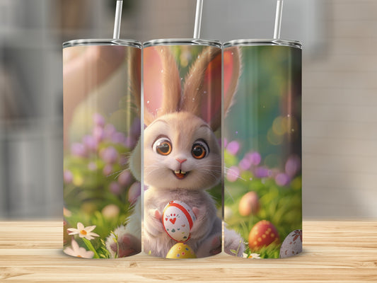 Cute bunny holding an Easter egg with spring flowers and blurred background.
