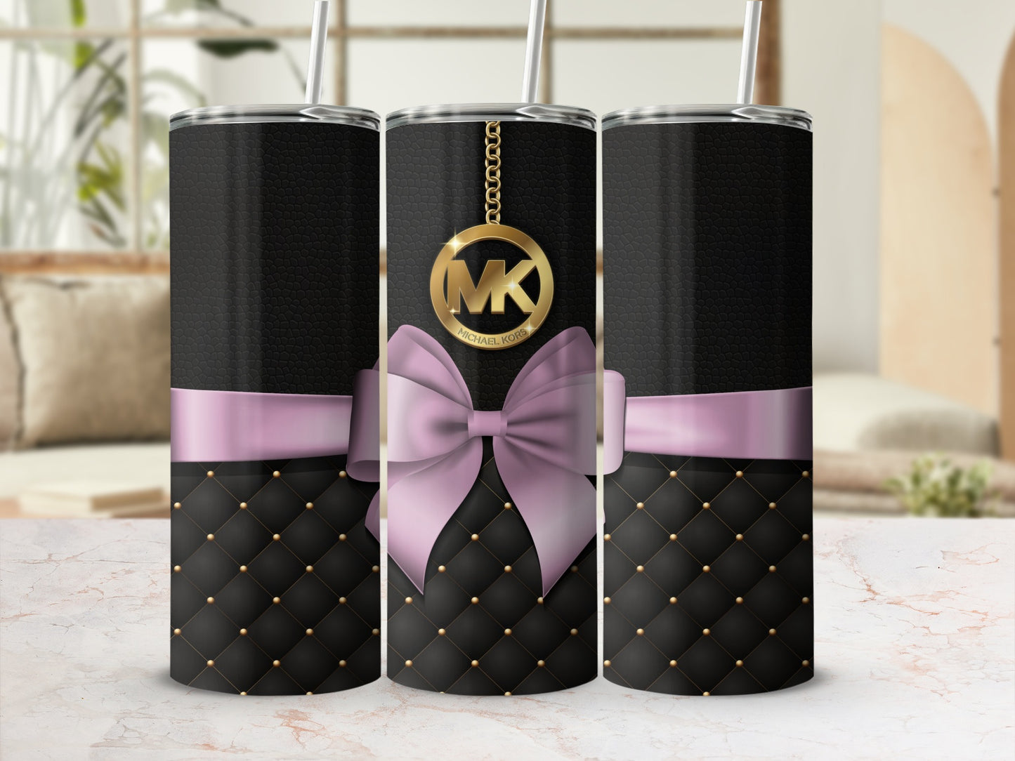 Luxurious Black Diamond Pink Bow Tumbler with Gold Monogram