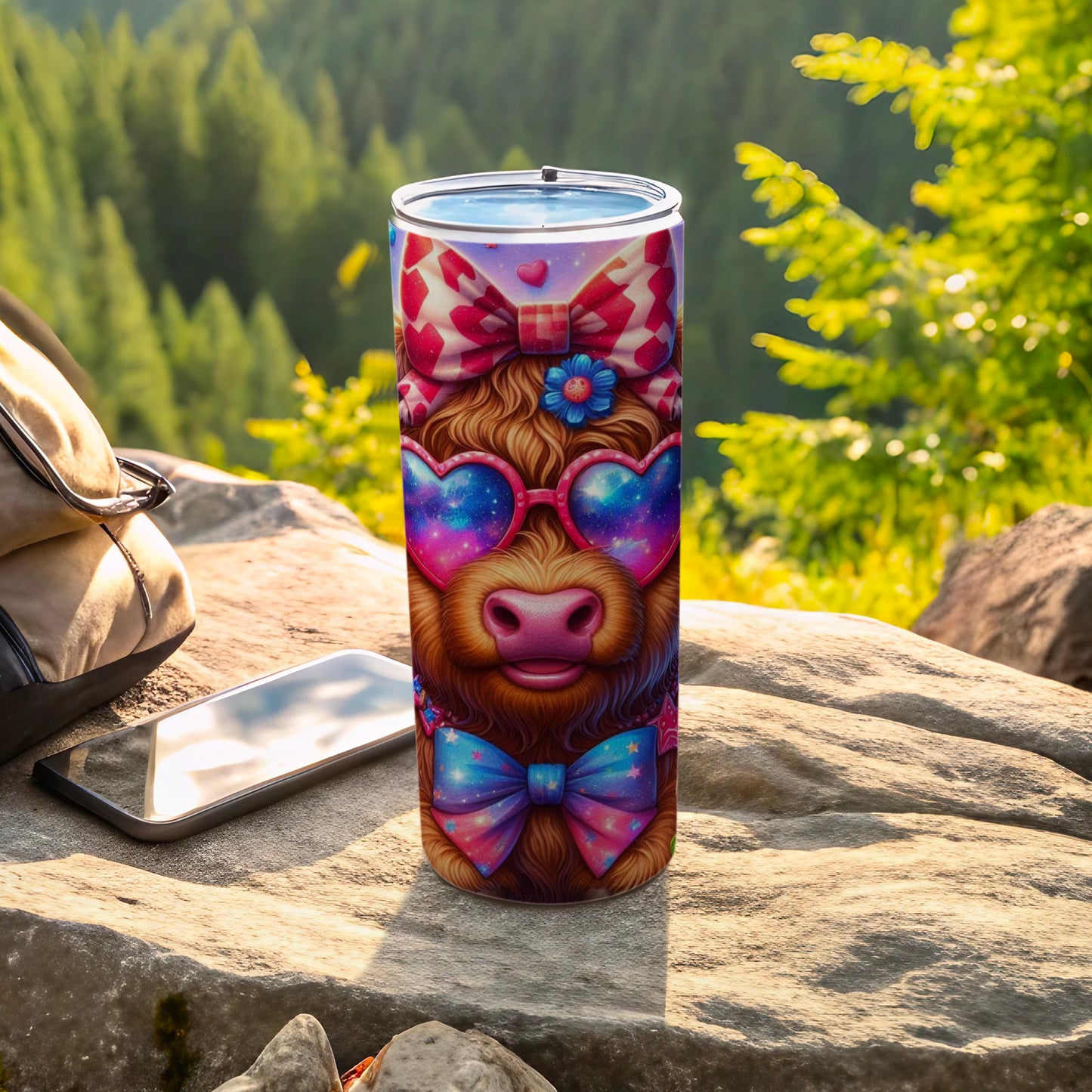 Tumbler with a cow wearing heart sunglasses and colorful bows, outdoors.