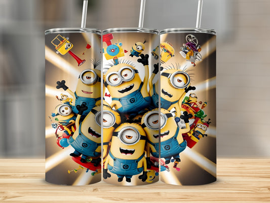 Minions characters in a circular arrangement on a tumbler.