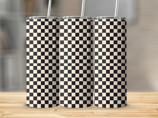 Three tall, skinny tumblers with black and white checkered pattern.