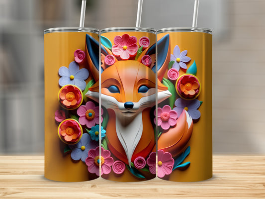 Orange tumbler with a smiling fox surrounded by colorful flowers.