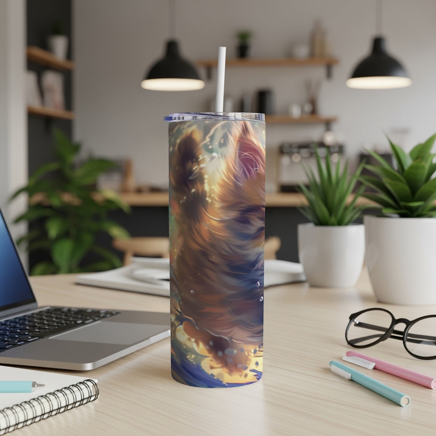 Golden retriever artwork on a tall, skinny tumbler with a straw.