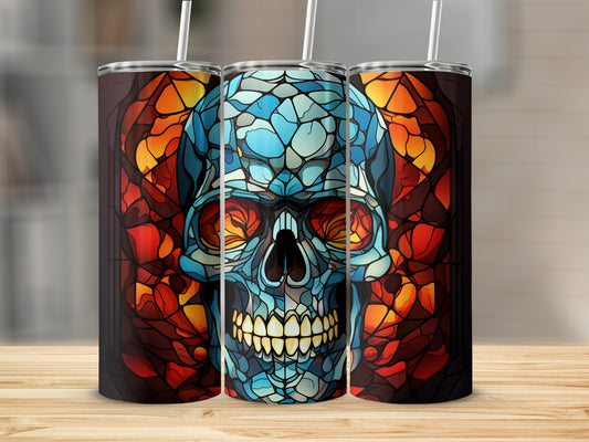 Stained glass skull tumbler with fiery background.