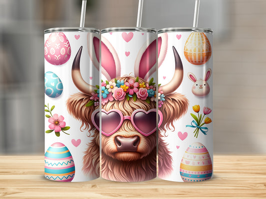 Cow with bunny ears and heart sunglasses, Easter eggs, flowers, and tulips.