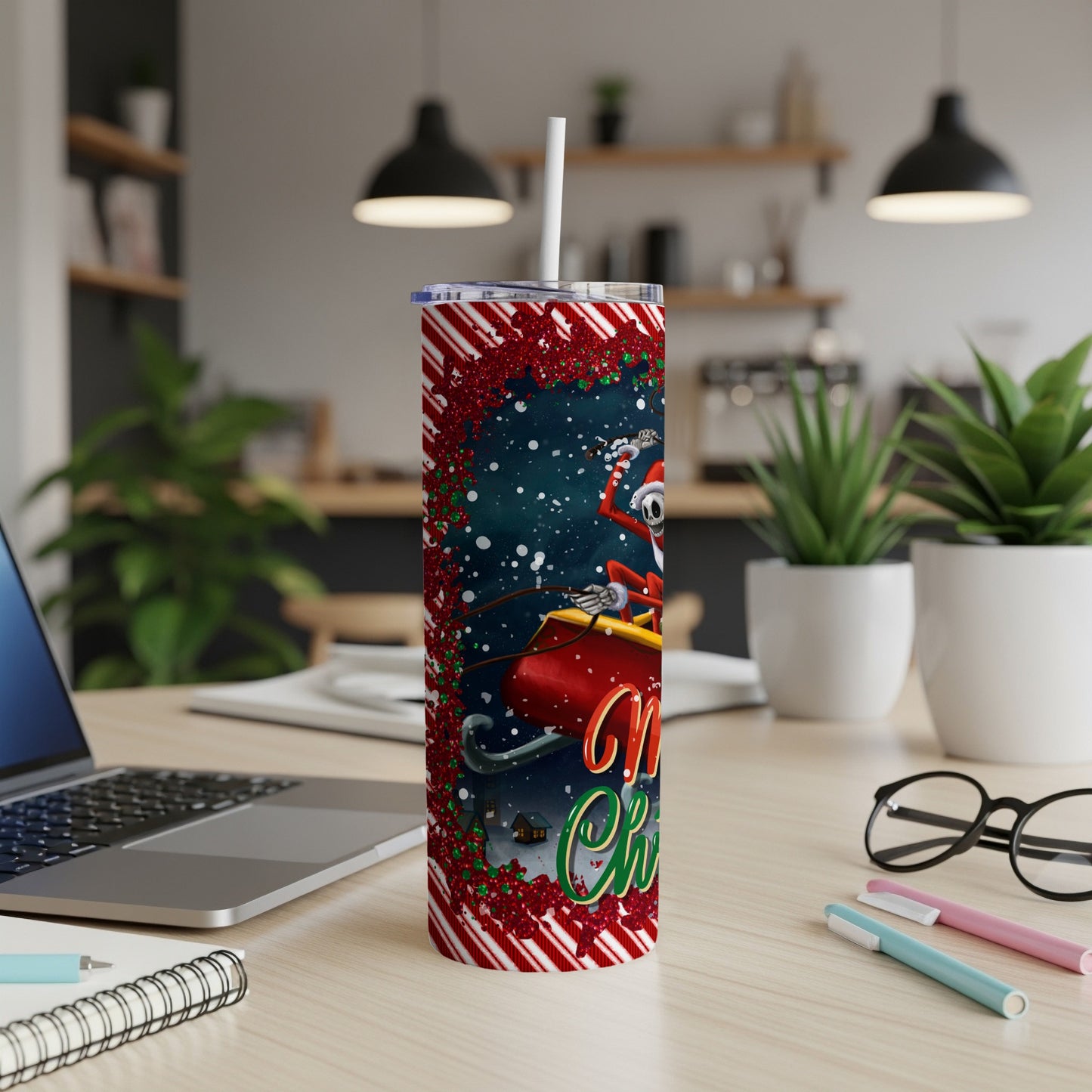Christmas tumbler with Santa Jack Skellington on sleigh and "Merry Christmas" text.