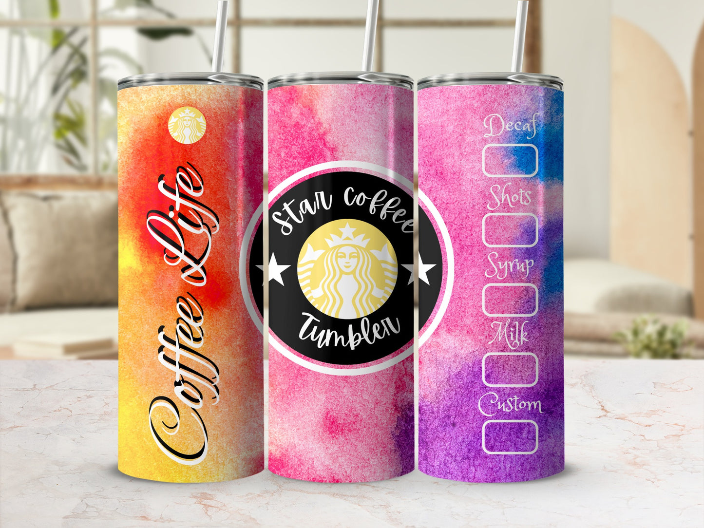 Colorful Coffee Life and Star Coffee Tumbler with Straw