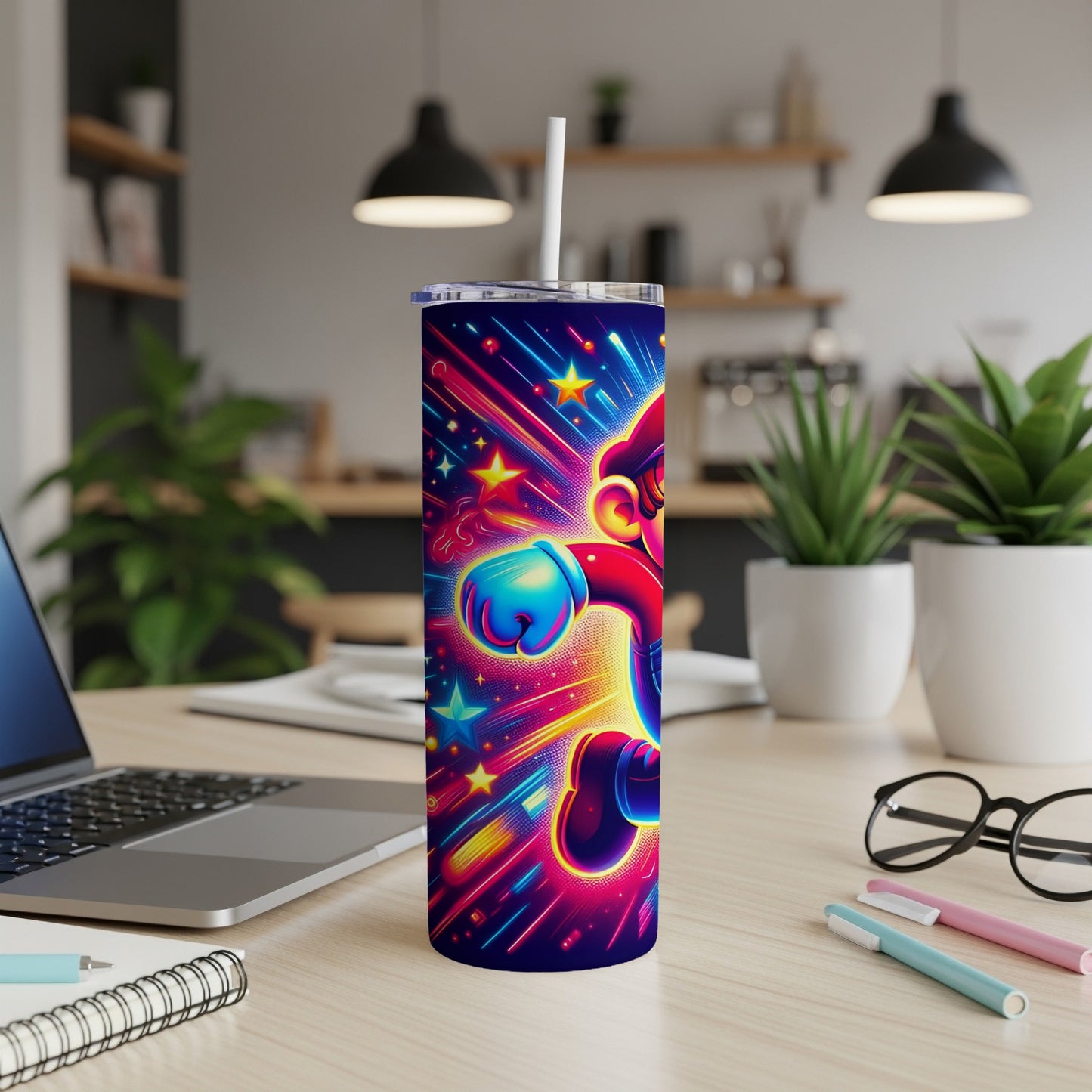 Mario in a vibrant, star-filled design on a tall, insulated tumbler.