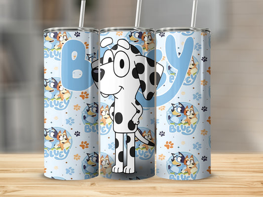 Bluey cartoon characters on a light blue tumbler with white straws.