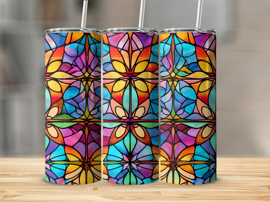 Three tall tumblers with stained glass mosaic floral pattern.