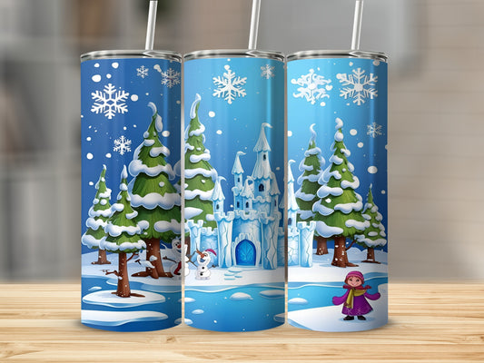 Winter scene with snowy trees, ice castle, and a girl in a pink coat.