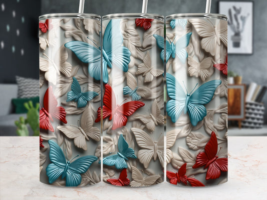3D patterned tumbler with red, blue, and cream butterflies.