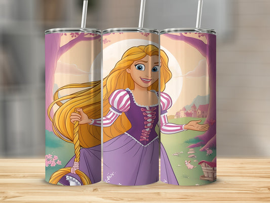 Rapunzel in a purple dress holding her hair, with a castle and trees in the background.