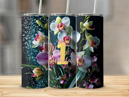 Three tumblers decorated with orchids and "1st Birthday" text.