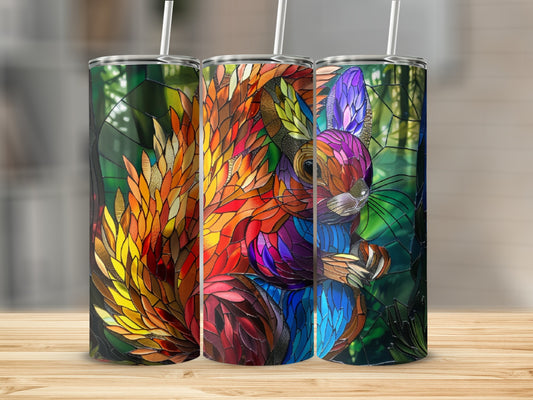 Stained glass squirrel tumbler with colorful, abstract patterns.
