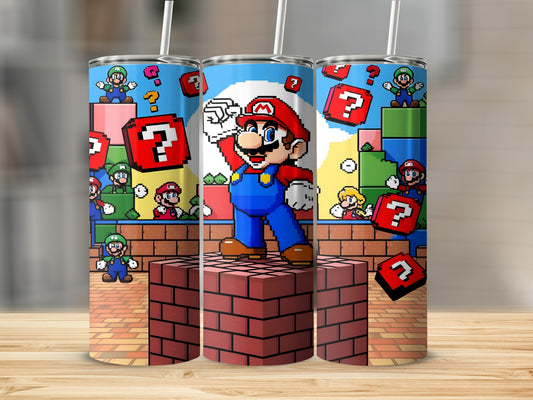 Mario characters from Nintendo games on a brick platform.