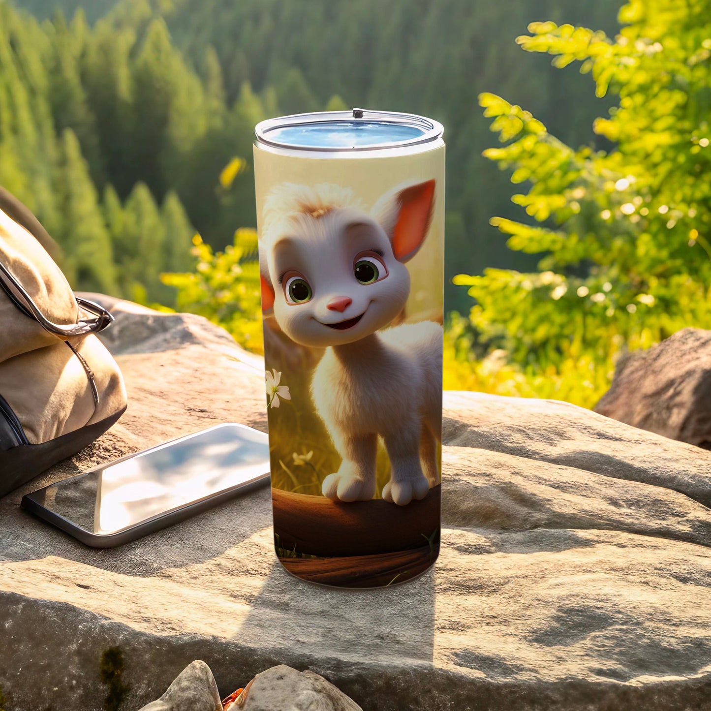 Adorable Cartoon Baby Goat Forest Scene Tumbler Cup