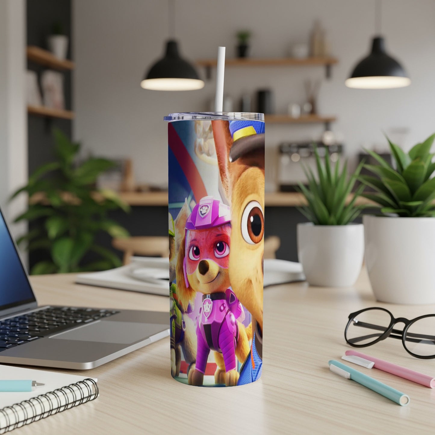Paw Patrol character Skye and Chase on a colorful tumbler.