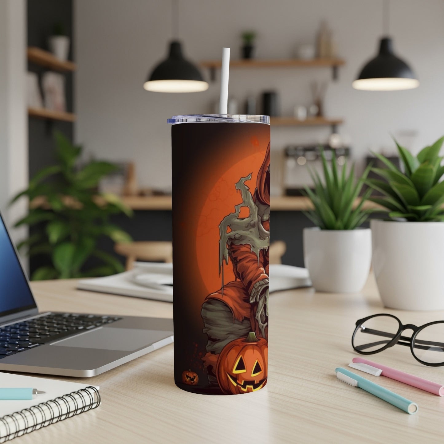 Halloween tumbler featuring a grim reaper character with pumpkins and a moon.