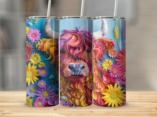 Three tumblers with colorful floral patterns and a Highland cow illustration.