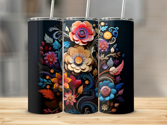 Three black tumblers adorned with vibrant, textured floral designs.