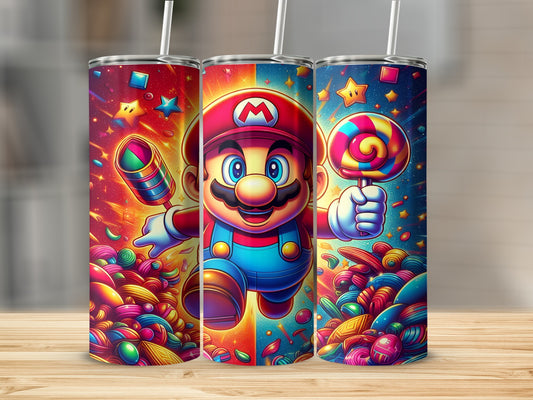 Mario holding candy and a lollipop, surrounded by colorful candy and stars.