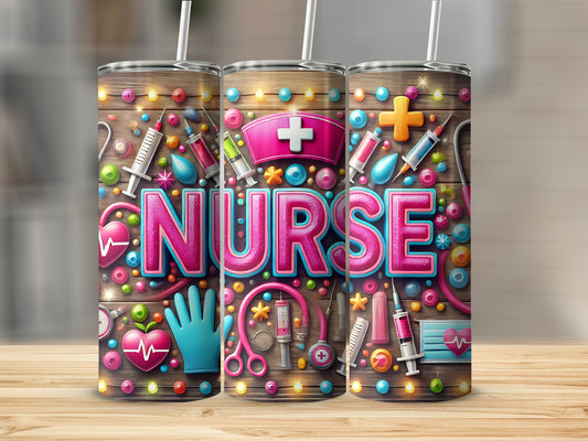 Nurse tumbler with medical icons and colorful lights on a wooden surface.