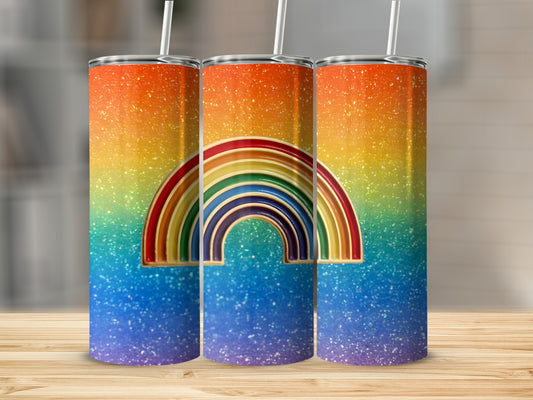 Rainbow glitter tumbler with golden rainbow arch detail.