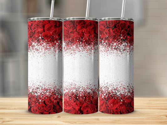 Three tumblers with red roses and white glitter design.