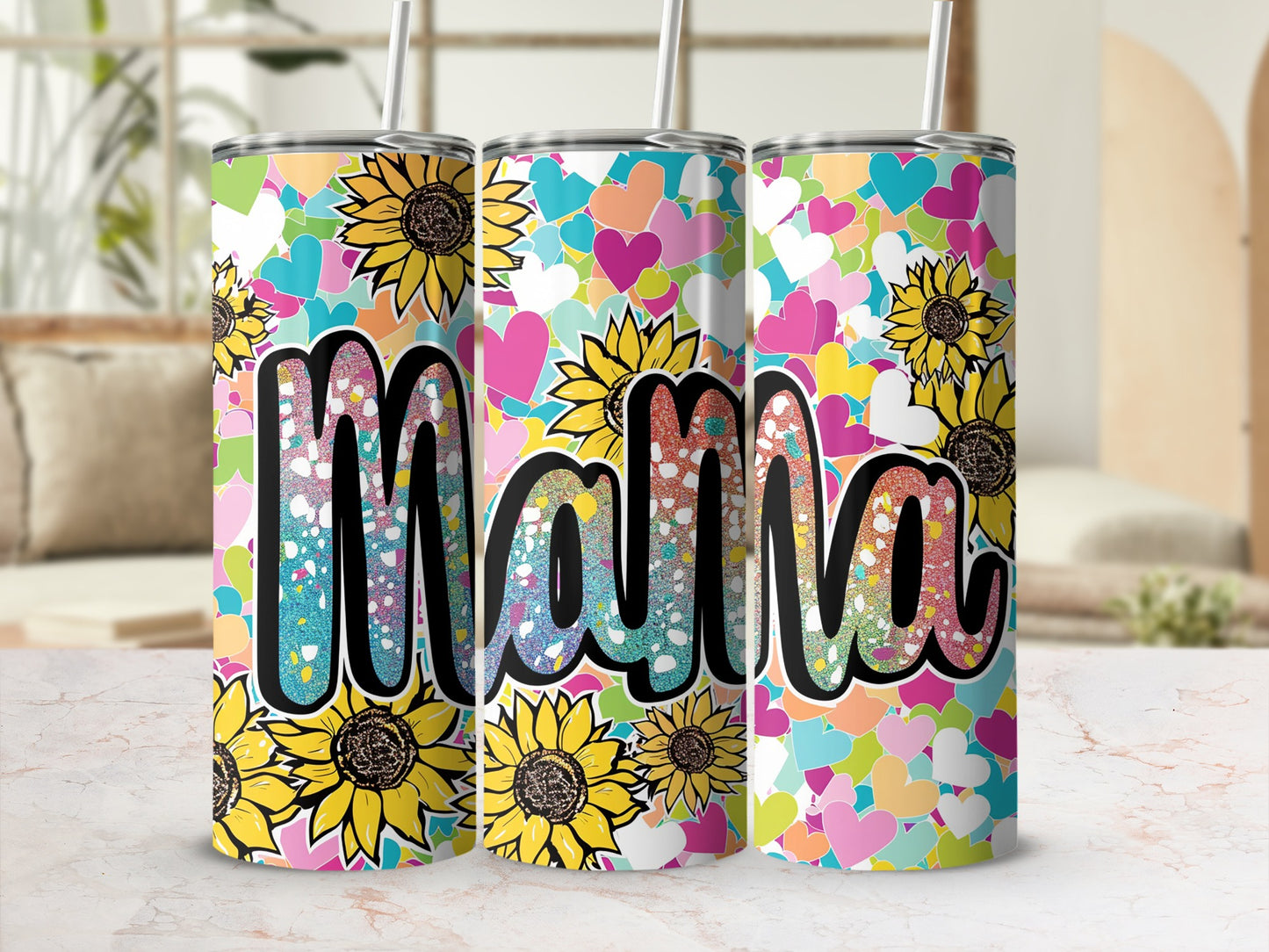 Colorful Sunflowers and Hearts Mama Tumbler Cup