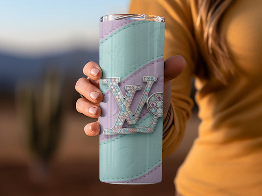 Pastel Colored Tumbler with Embellished LV Design
