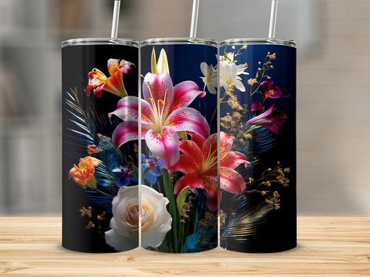 Three tumblers with colorful floral bouquets and dark backgrounds.