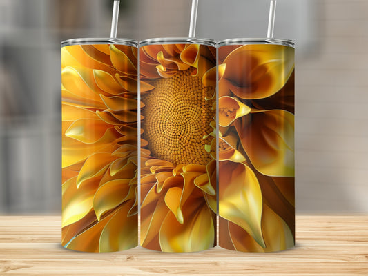 Three tumblers with a close-up floral design, set on a wooden surface.
