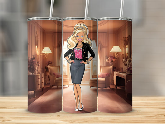 Barbie in a black jacket and pink top in a room.